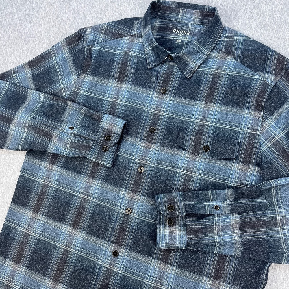 Rhone Performance Flannel Button-Down Shirt Mens M Blue Plaid Stretch Classic